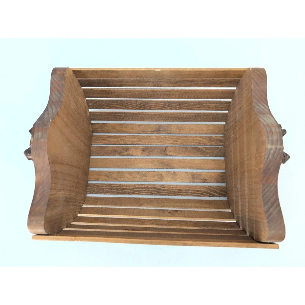 Vintage Wooden Slat Basket Brown Handcrafted Bow Detail